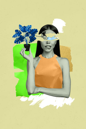 Photo collage picture of doubtful unsure lady biting lip rising office pot plant isolated graphical backgroundの写真素材