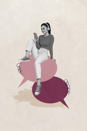 Vertical collage young girl teenager sitting textbox bubble social media network online communication smartphone conversation messengerの写真素材