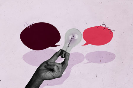 Creative photo picture collage human hand hold lightbulb eureka smart solution idea discuss plan textboxes conversation conceptの写真素材