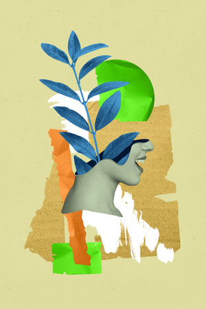 Vertical creative collage image of cute female head plant leaves mind psychotherapy therapy session billboard comics zine minimalの写真素材