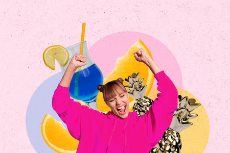 Photo picture collage young cheerful energetic girl celebrate weekend party pineapple orange juicy cocktail bar promo drawing backgroundの写真素材