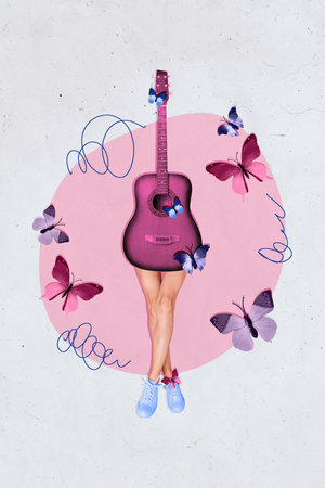 Collage artwork image of funny woman silhouette guitar instrument no face body isolated on drawing backgroundの写真素材