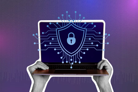 Trend 3D photo collage composite of black white silhouette hand hold huge laptop cyber data dark...