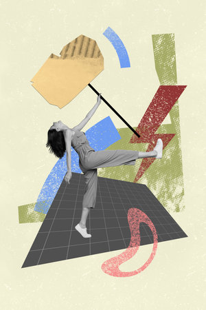 Composite collage picture image of female hold plate announce sale promo news paper texture fantasy billboard comics zine minimalの写真素材
