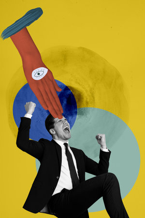 Vertical photo collage of scream guy wear suit fist attack hand eye exorcism devil trance fear session isolated on painted backgroundの写真素材