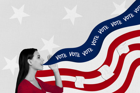 Creative picture collage young pretty girl say speak vote agitation election referendum choose...
