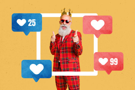 Creative picture collage retired grandfather macho suit royal crown king prince popularity social...