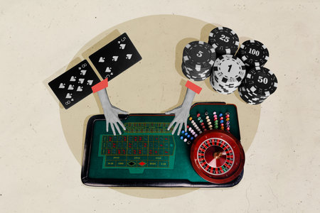 Creative photo collage picture human hands body fragment dealer casino betting table roulette gambling win jackpot cards combinationの写真素材