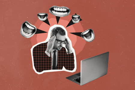 Composite photo collage of puzzled guy sit macbook device mouth scream talk lie scam propaganda fake...