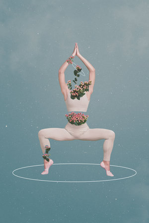 Photo sketch collage picture of lady flowers instead head enjoying yoga isolated grey color...