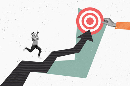 Creative collage young man hold loudspeaker running dynamic arrow hit target reach dream goal achievement success motivation inspirationの写真素材