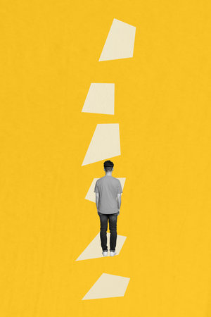 Vertical creative collage poster standing young man climb upwards stairs ladder top improvement self development progressの写真素材