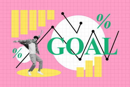 Creative image collage picture young happy man celebrate successful results achieve goal target...