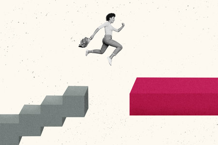 Creative picture image collage young woman overcome difficulties jump reach goal leadership...