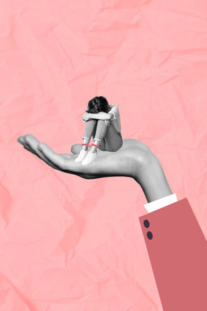 Collage 3d pinup pop illustration sketch of young lady sitting tied legs cuffs chains crying found guilty isolated on pink color backgroundの写真素材