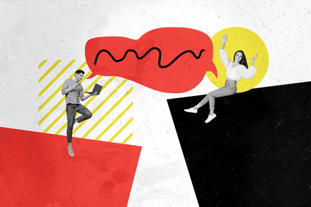 Creative collage standing young man hold laptop online communication dialog textbox woman speak chatting conversation abyss barrierの写真素材