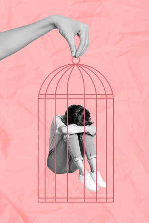 Creative collage illustration picture of upset girl inside birdcage hugging her knees inside prison isolated on pink color backgroundの写真素材