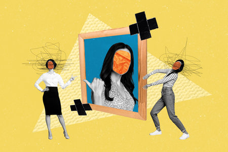 Sketch image composite trend artwork photo collage of black white silhouette faceless three lady one portrait show gesture thumb chooseの写真素材