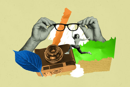 Abstract template graphics collage image of excited lady running tacking photos obsolete camera isolated colorful backgroundの写真素材