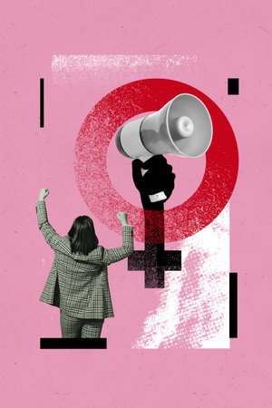 Poster collage picture of successful businesswoman raise hands fist control demonstration revolution isolated on drawing backgroundの写真素材