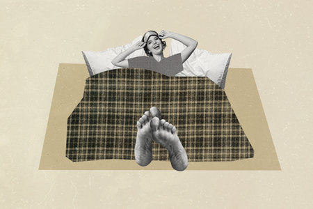 Composite photo collage of happy girl lie cover cozy soft blanket wear pajama mask barefoot dream bedding isolated on painted backgroundの写真素材