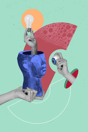 Collage picture exclusive artwork of a weird surreal statute hand hold lamp bulb energy power isolated on drawing backgroundの写真素材