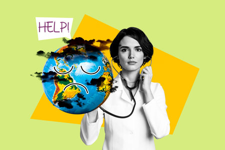 Sketch composite artwork collage of lady doctor listen ill globe earth need help contain trash polution eco problem around save planetの写真素材