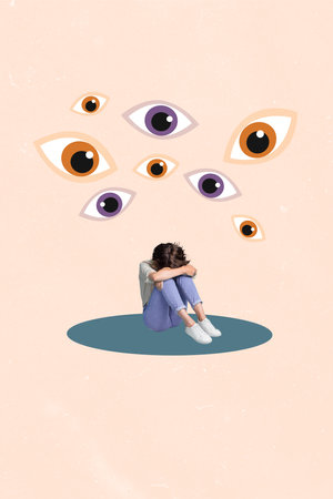 Composite trend artwork sketch image 3D photo collage of young lady bad mood sit on floor hug knees depression huge eyes look spy watchの写真素材