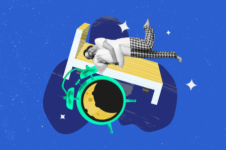 Creative photo collage picture young sleeping woman happy nighttime alarm clock regime bedtime moon dreaming cozy comfortの写真素材