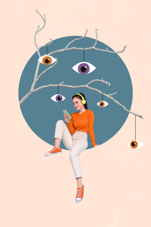 Composite trend artwork sketch image 3D photo collage of young lady sit in circle listen music wear headphones huge eyes on tree watchの写真素材