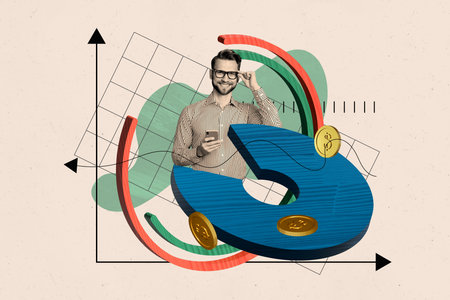 Creative collage picture young happy man successful trader infographic stats economy golden coins income good profit checkered backgroundの写真素材