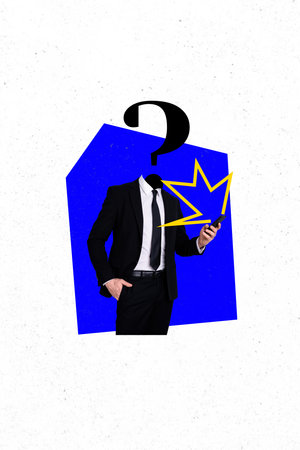Vertical photo collage of headless businessman question sign hold iphone device wear formal suit...