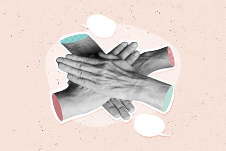 Composite photo collage of people hand unity together showing team work cooperation text box...