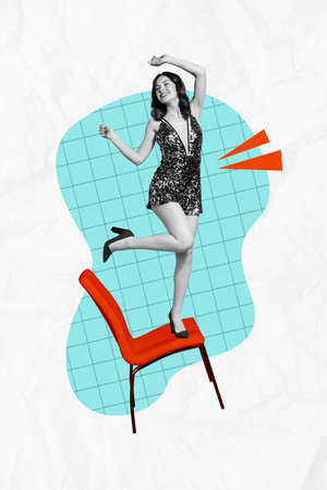 Vertical photo collage of young model girl wear shiny sexy dress dance chair party rest enjoy event nightclub isolated on painted backgroundの写真素材