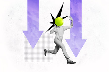 Composite photo collage of young businessman run instead head dollar coin arrow down recession failure isolated on painted backgroundの写真素材