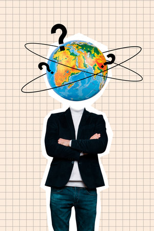 Vertical image collage picture standing headless man geography globe continent map planet folded arms hands drawing backgroundの写真素材