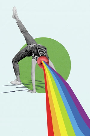 Composite trend artwork sketch image 3D photo collage of young lady do gymnastic bridge headles huge lips with rainbow from mouth insteadの写真素材