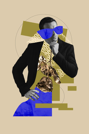 Vertical photo collage of serious businessman think hand touch chin hold gold rose woman day march holiday isolated on painted backgroundの写真素材