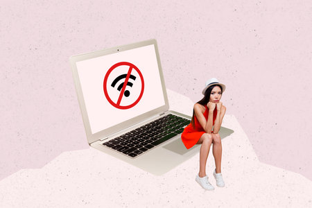 Sketch image trend artwork photo collage of young sad bad mood lady sit on huge laptop lose connection wireless internet wifi disconnectの写真素材