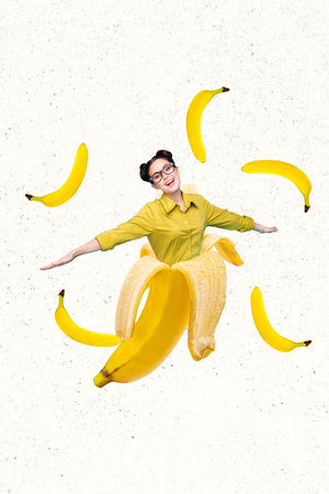 Creative vertical poster young happy carefree woman half body banana peel fruit healthy vitamins tropical nutrition food calories dietingの写真素材