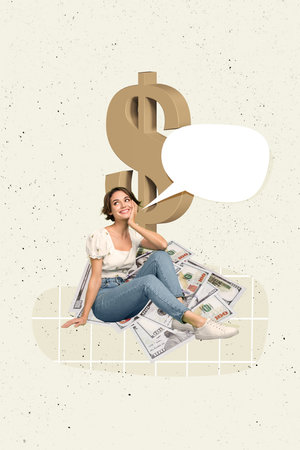 Vertical photo collage picture young cheerful woman dreamy think rich wealth dollar sign banknotes cash forex market tradingの写真素材