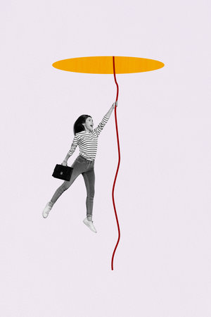 Sketch image composite collage of black white young lady fall down hold in hand rope apper from hole in sky businesswoman crisis stressの写真素材