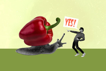 Sketch image composite artwork 3D photo collage of black white man show finger choose yes huge slain wear paper veggie instead shellの写真素材