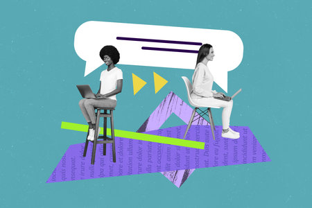 Creative picture image young girls online communication computer laptops social network phrase textbox drawing backgroundの写真素材