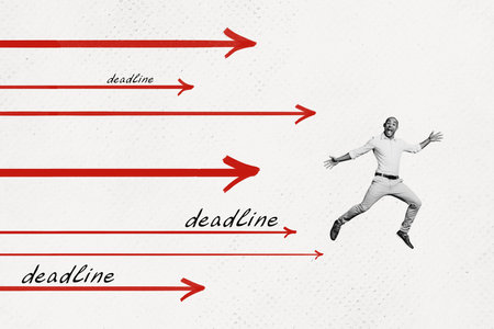 Creative abstract template collage of office worker businessman running escape deadline bizarre unusual fantasy billboardの写真素材