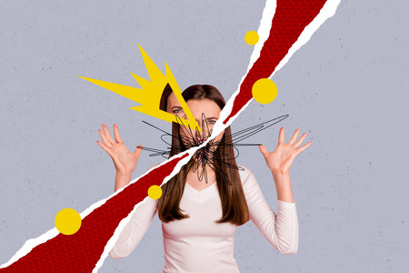 Creative composite photo illustration collage of furious angry mad girl screaming in anger raising palms isolated on drawn backgroundの写真素材