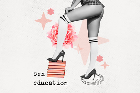 Creative abstract template collage of sexy female legs student read pile book sex education study bizarre unusual fantasy billboardの写真素材