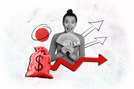 Composite photo collage of happy excited girl hold pile dollar banknotes income arrow up profit...