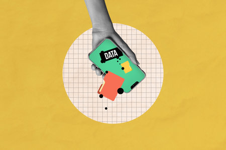 Creative collage image human arm hold smartphone data information privacy cyber security folder...