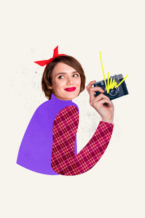 Photo collage composite artwork sketch image of young attractive lady journalist pinup make shoot...